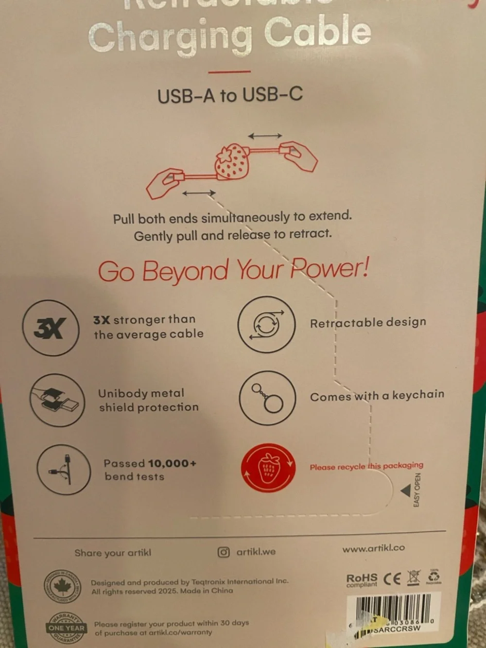 Strawberry Retractable Charging Cable USB-A to USB-C Fast Charger Cute Keychain